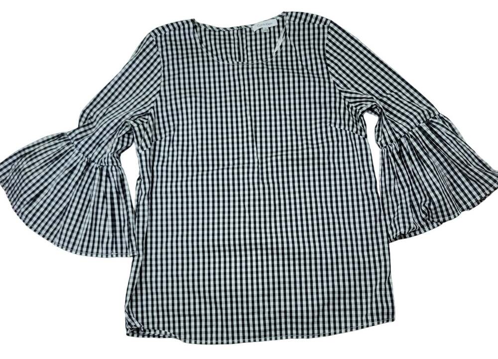 CALVIN KLEIN Women’s Black/White Gingham Bell Sleeve Blouse Keyhole Back Size M